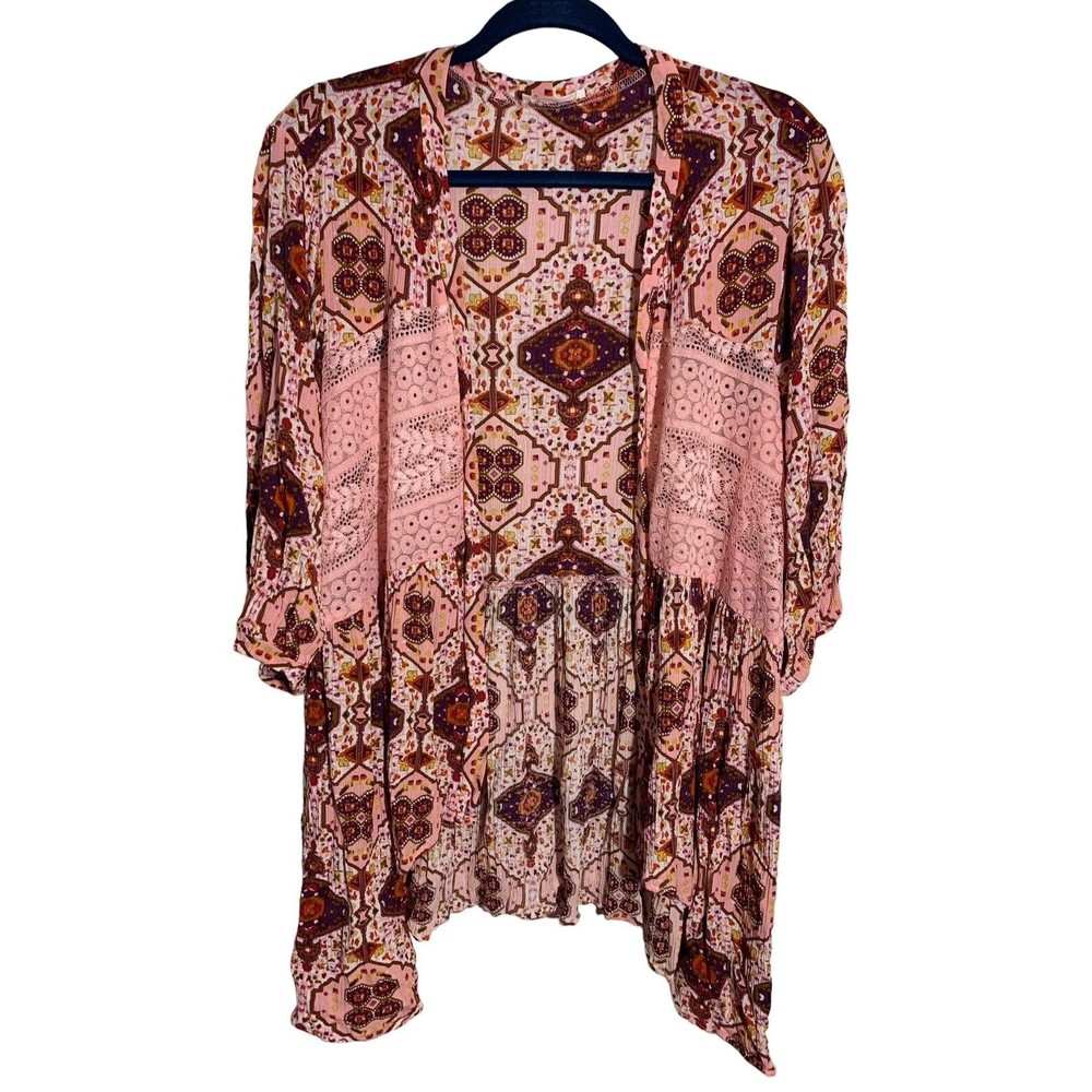 Womens Size Large Pink & Plum Lightweight Lace Inlay Open Kimono Top Boho Hippie